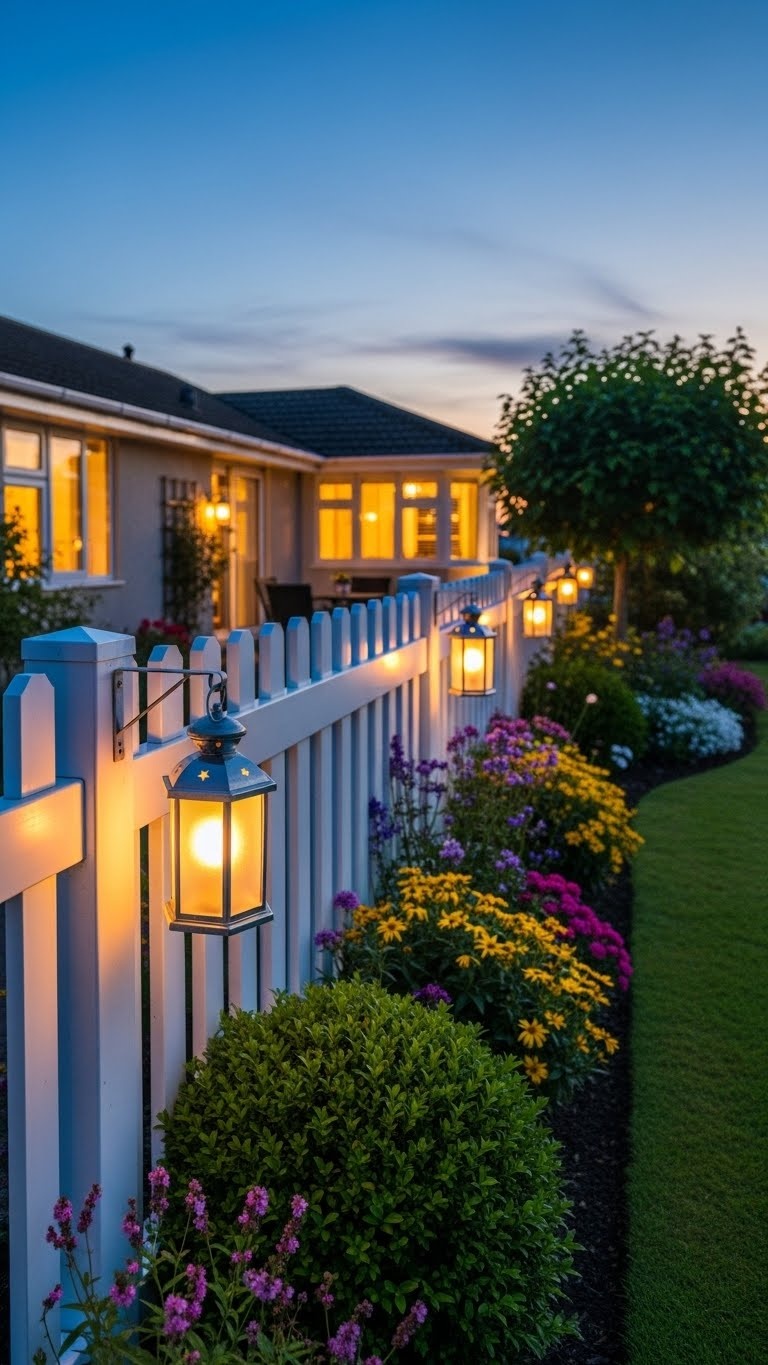 A white picket fence decorated with hanging lanterns glowing softly in a backyard garden at dusk.