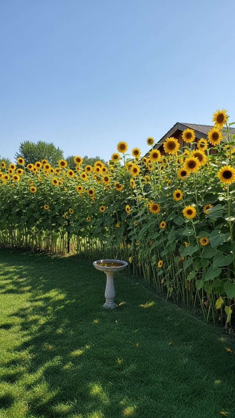 A backyard with a tall fence made of blooming sunflowers under a clear blue sky.