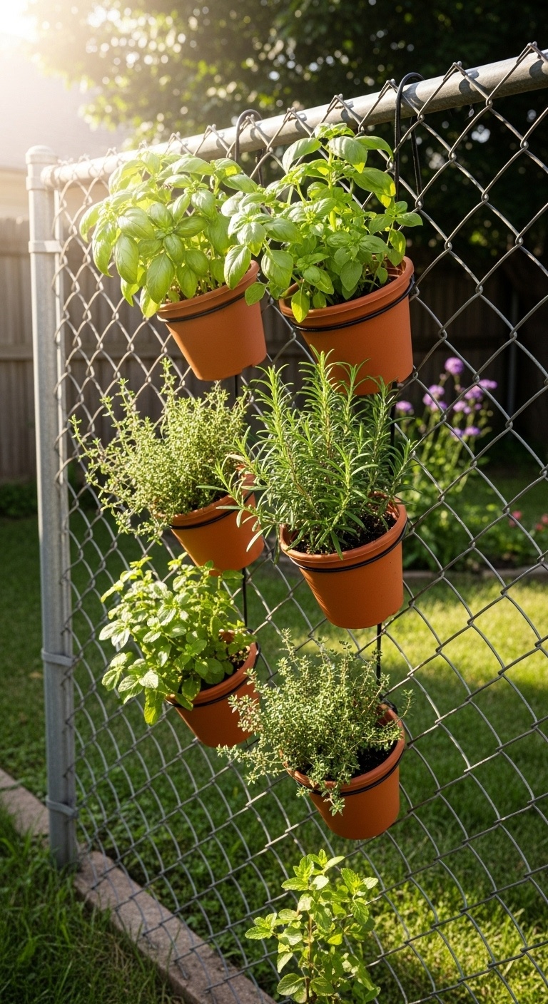 Create a vertical herb garden using mounted pots and hooks