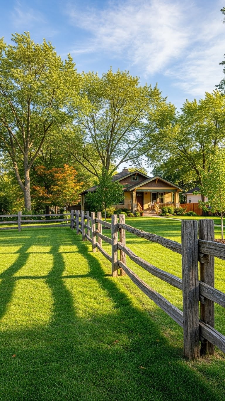 A wooden split rail fence in a grassy backyard with trees and a blue sky in the background.