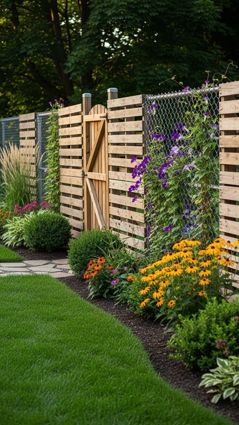 Backyard fence made from a combination of wooden pallets and chain link fencing surrounded by grass and garden plants.