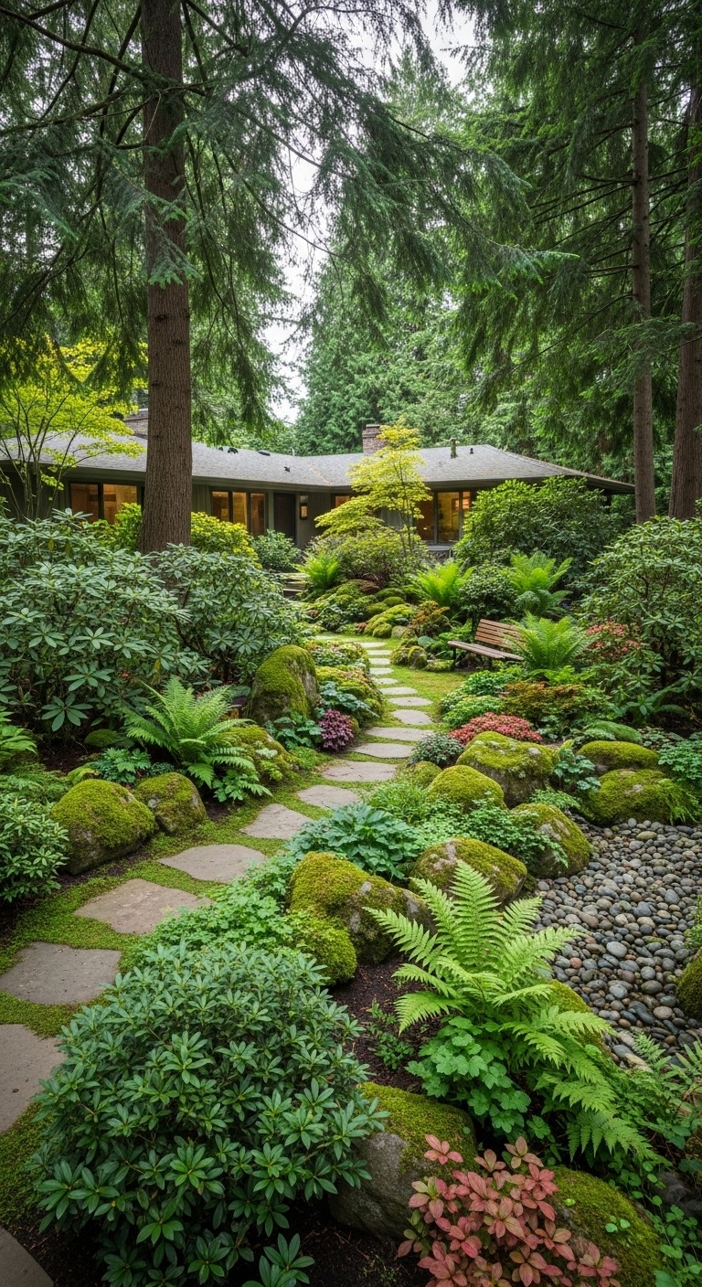 Combine evergreen ferns with shrubs for woodland vibes