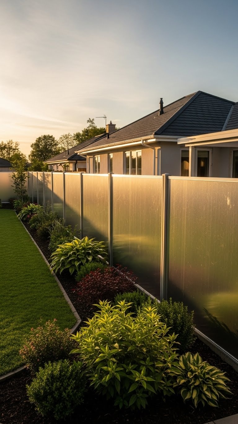 Backyard with brushed aluminum metal fences reflecting sunlight, surrounded by green grass and plants.