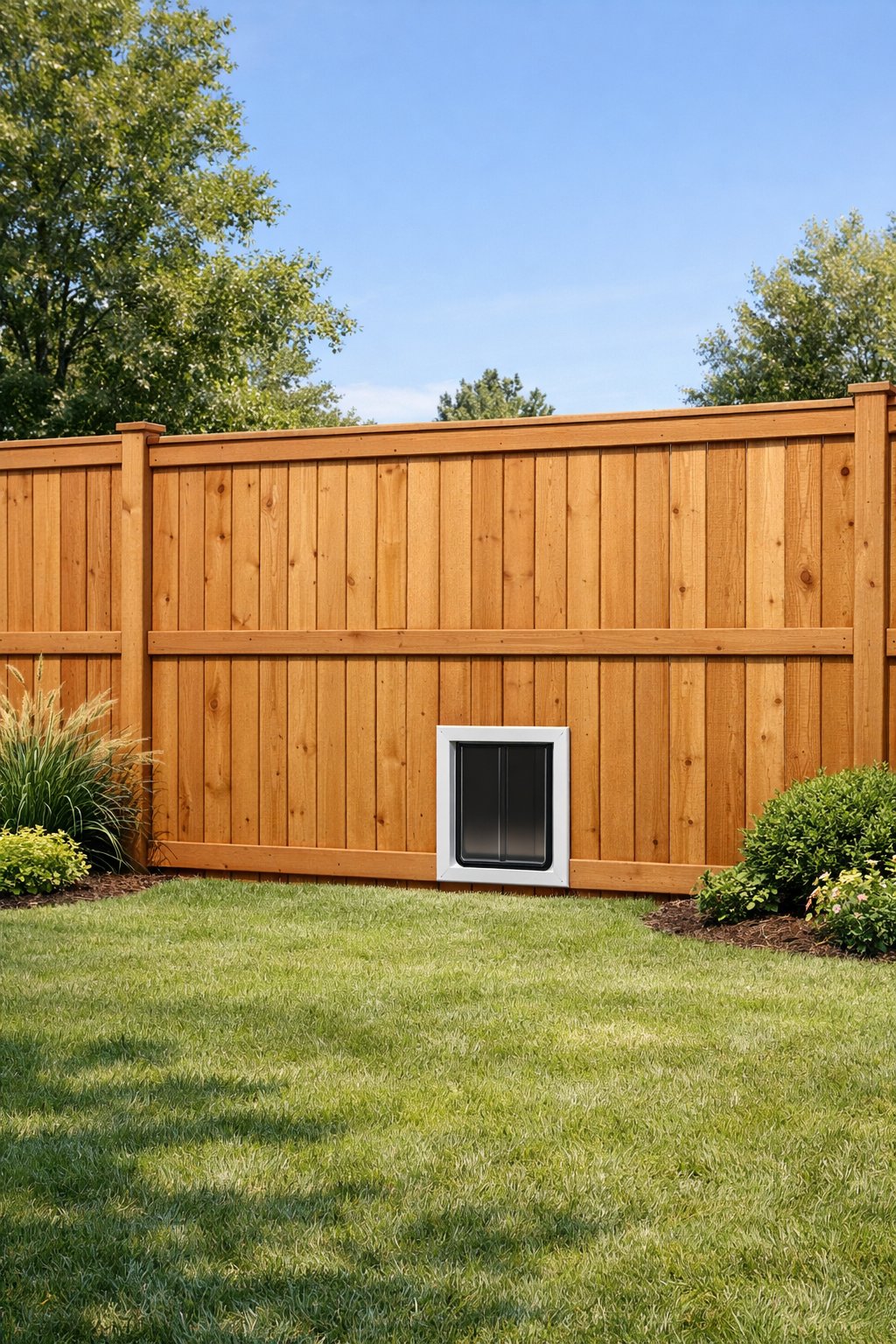 Backyard with a wooden privacy fence that has a built-in dog door and green lawn.