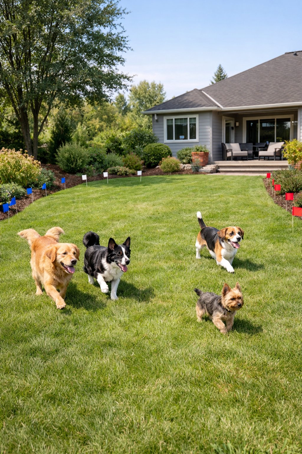 A backyard with dogs playing freely within an invisible underground electric fence boundary marked by small flags, surrounded by trees and a house in the background.