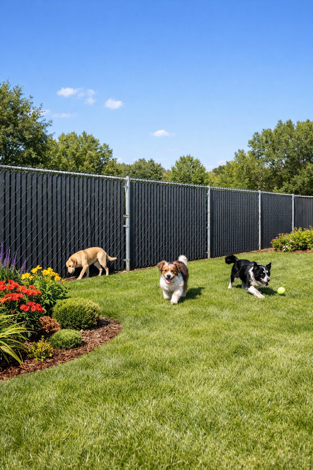 Backyard with a chain link fence fitted with slatted privacy panels, green lawn, flower beds, and dogs playing inside.