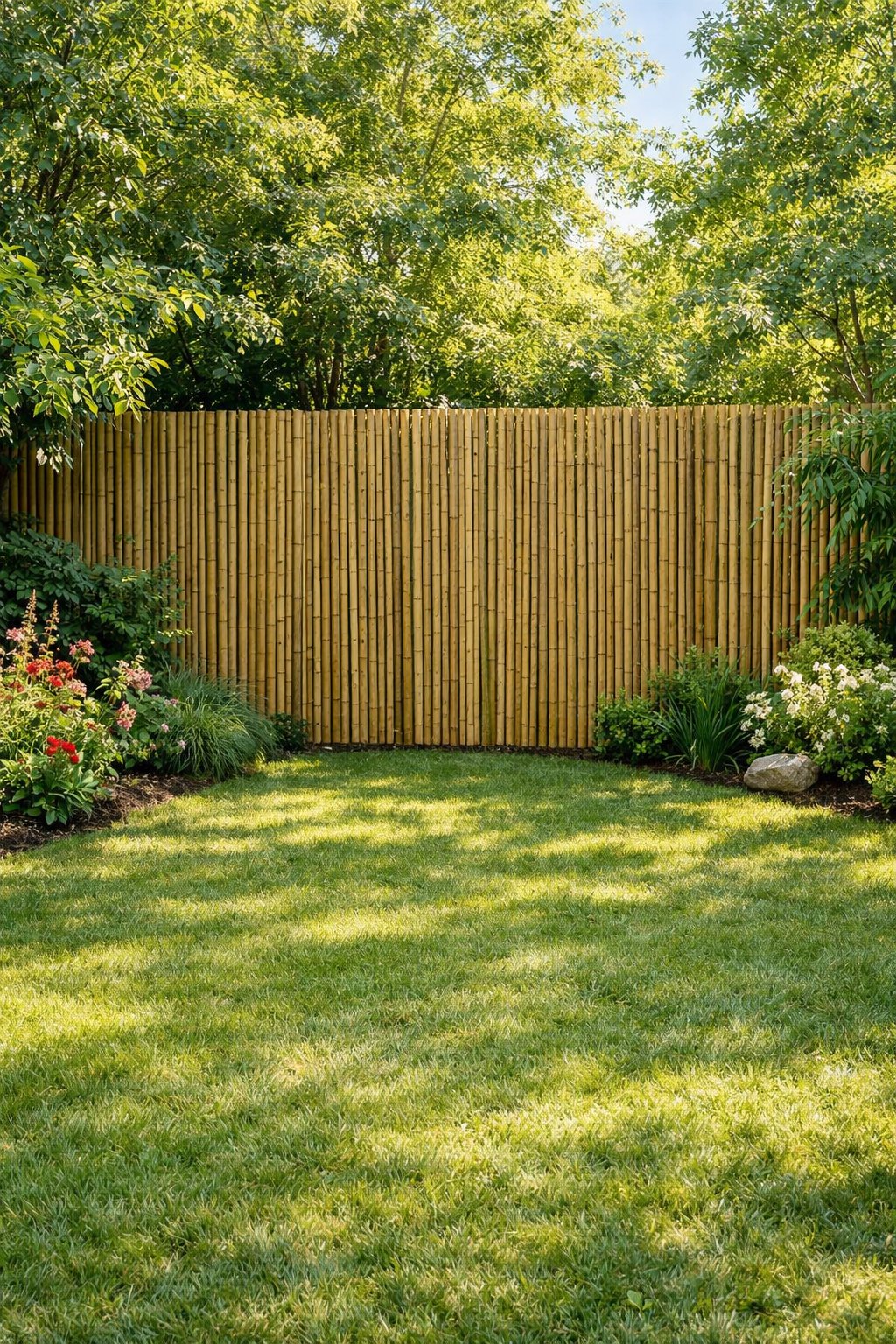 Backyard with a tall bamboo fence surrounded by green grass and plants, providing shade and a natural boundary.
