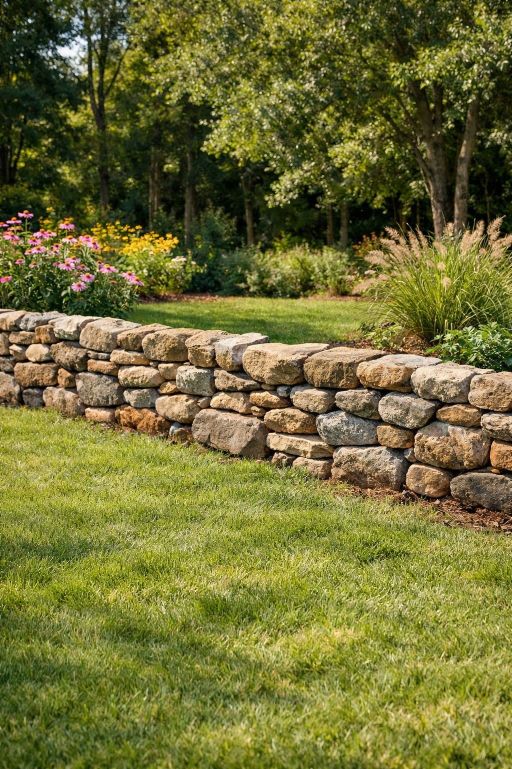 A backyard with a stone and rock border fence surrounded by green grass and plants.