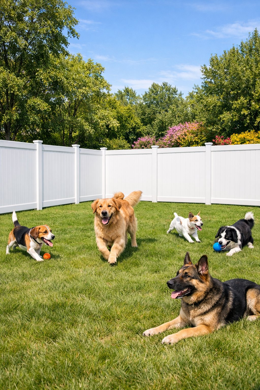 A backyard with white vinyl fence panels enclosing several dogs playing on green grass under a sunny sky.