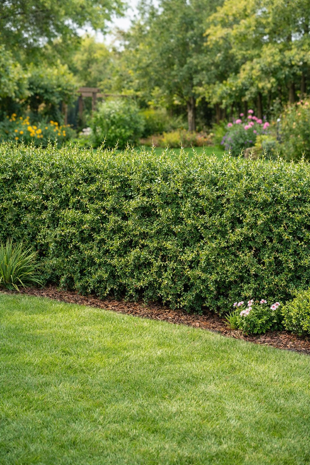 Backyard with a dense garden hedge fence made of thorny plants forming a natural boundary.