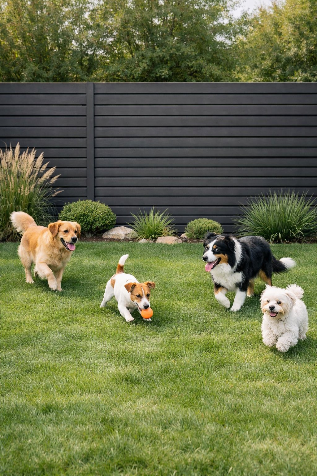 Backyard with a horizontal slat fence, green lawn, and several dogs playing on the grass.