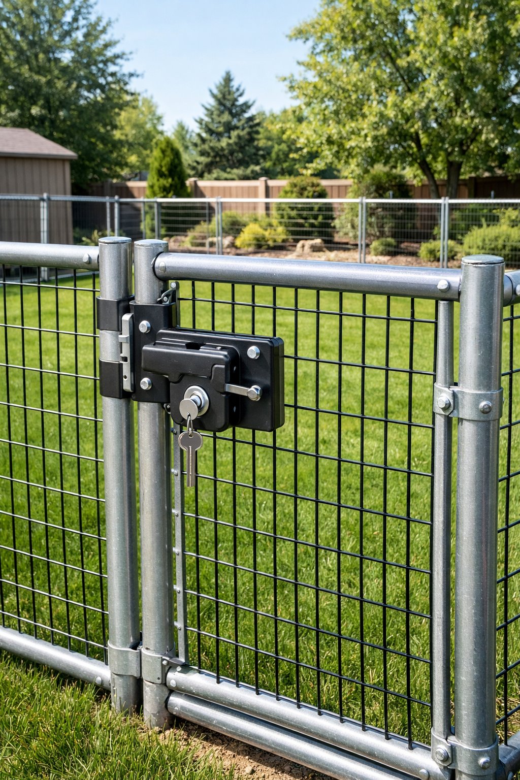 A backyard dog run kennel area with a secure locking gate and metal fence enclosing a grassy space.
