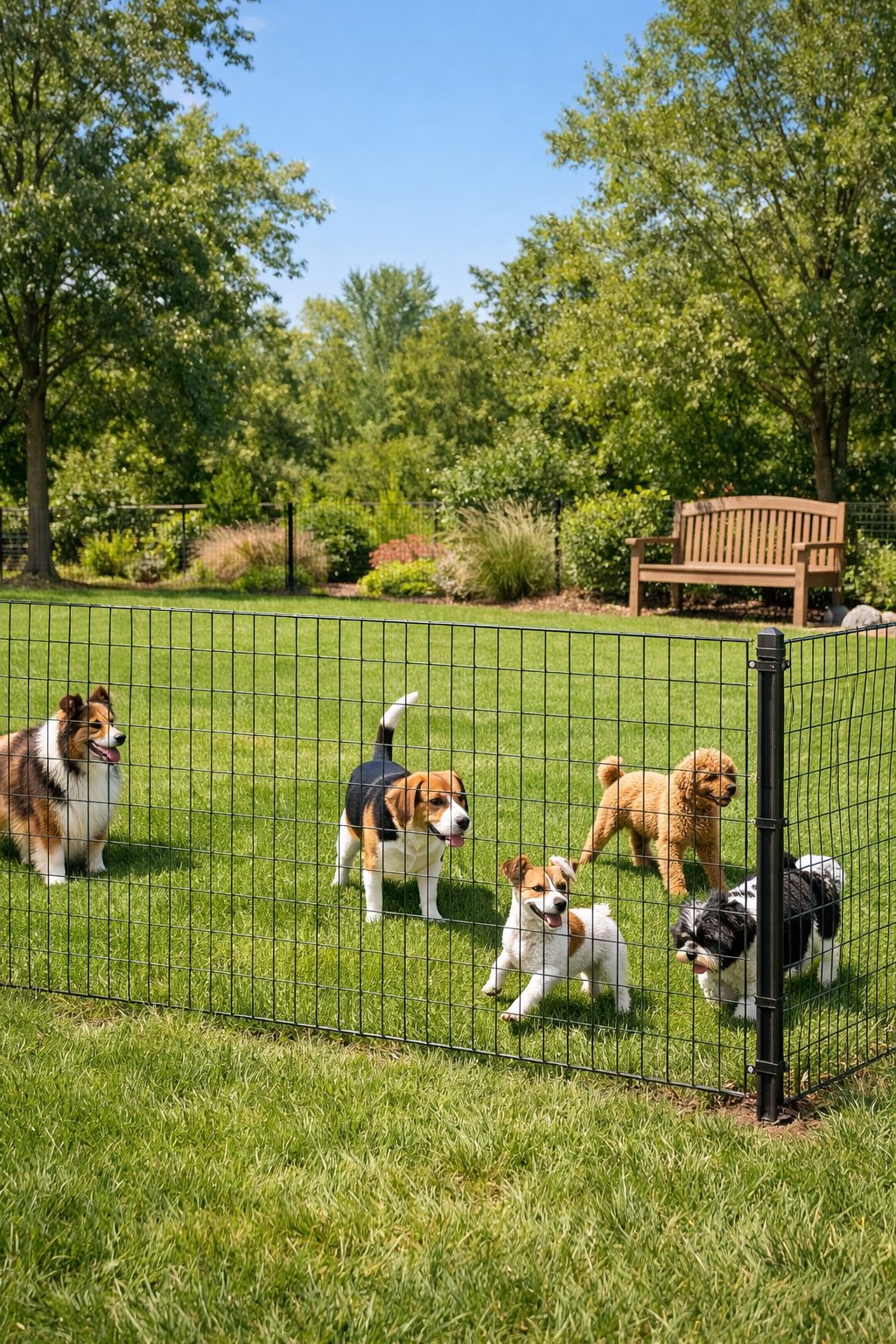 Backyard with a welded wire fence enclosing several small to medium dogs playing on green grass.