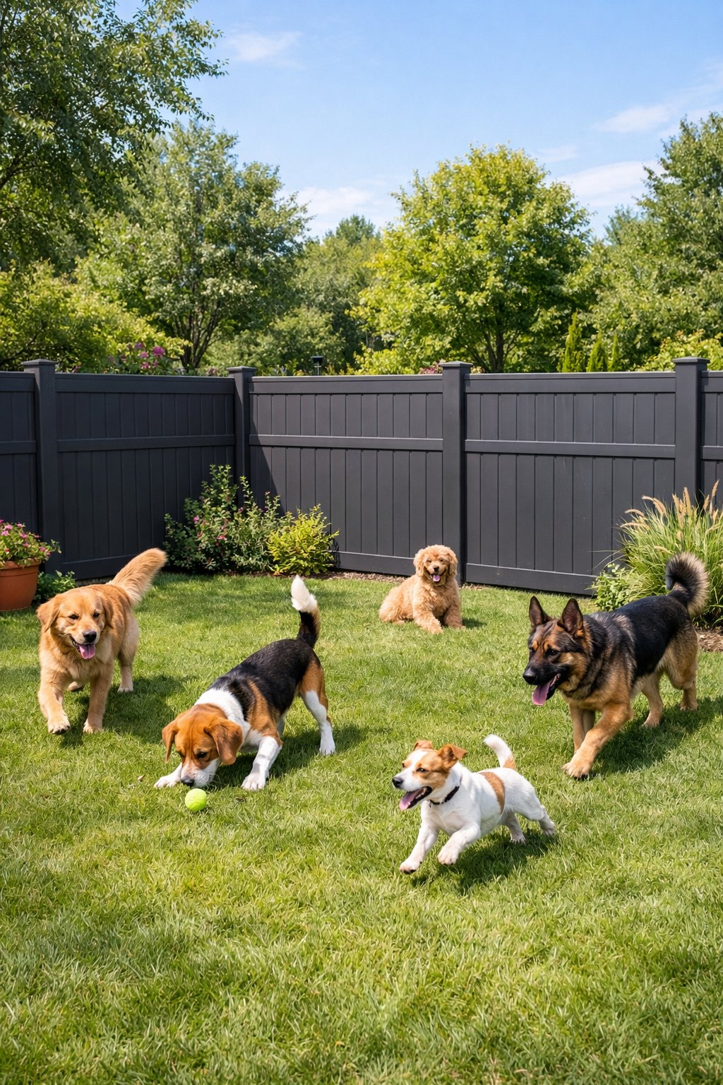 A backyard with a durable recycled plastic fence enclosing several dogs playing on green grass with trees and plants in the background.