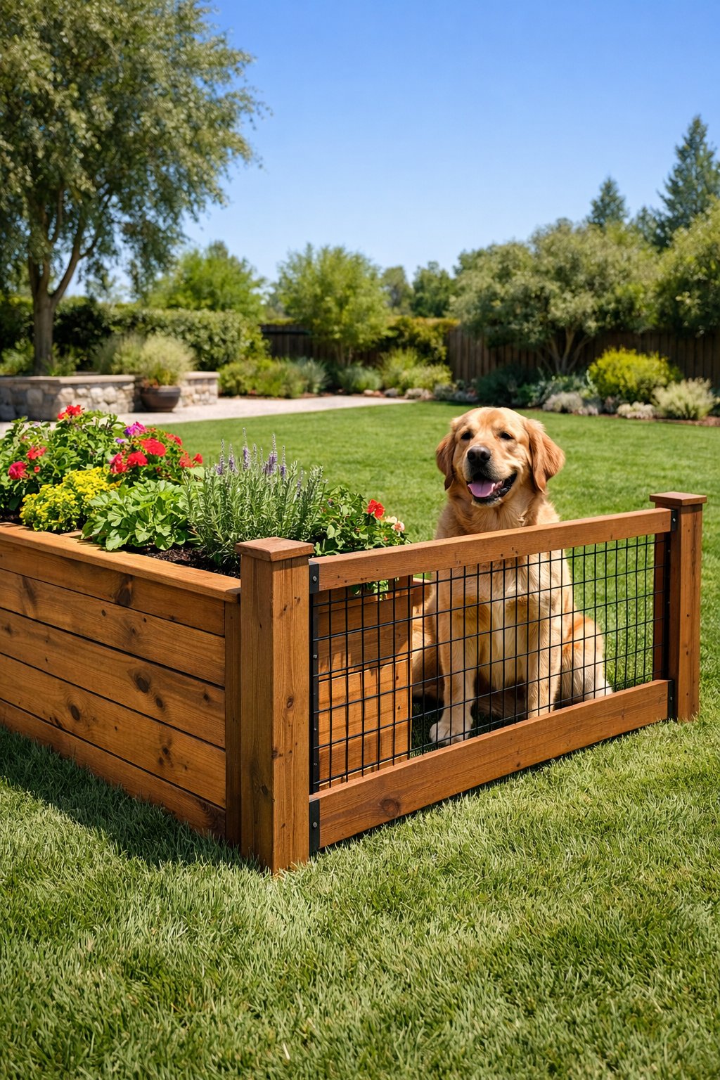 Backyard with a raised wooden planter containing plants and flowers, combined with a wooden dog barrier fence keeping a golden retriever on the lawn.