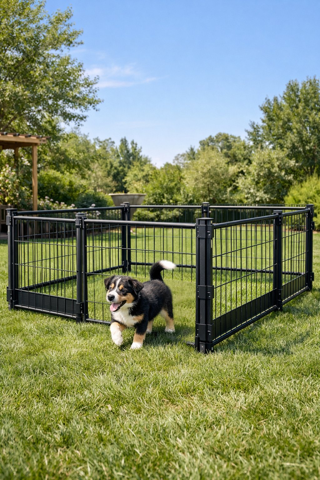 A backyard with an adjustable height dog fence and a young dog playing inside the fenced area.