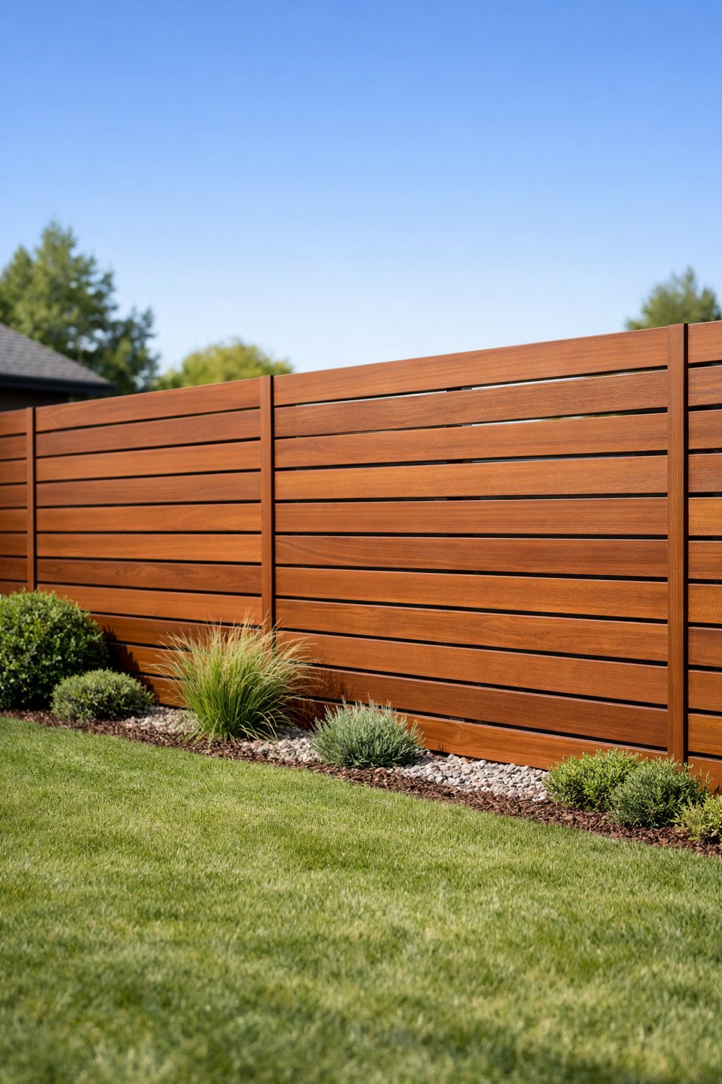 A backyard with a horizontal wooden slat fence and green grass in front.