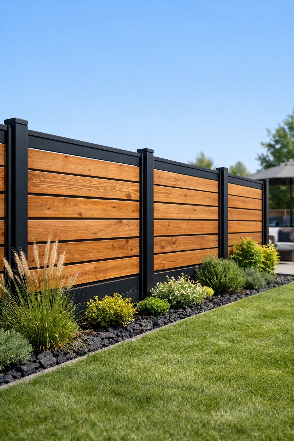Backyard with a black metal frame fence featuring horizontal wooden panels, surrounded by green grass and plants under a clear sky.