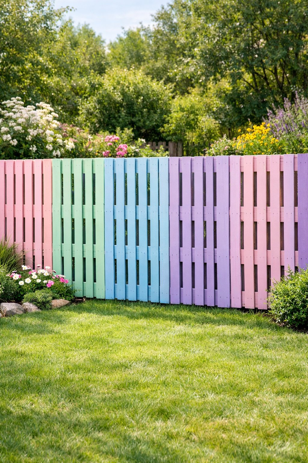 Backyard with a wooden pallet fence painted in pastel colors surrounded by green grass and flowering plants.
