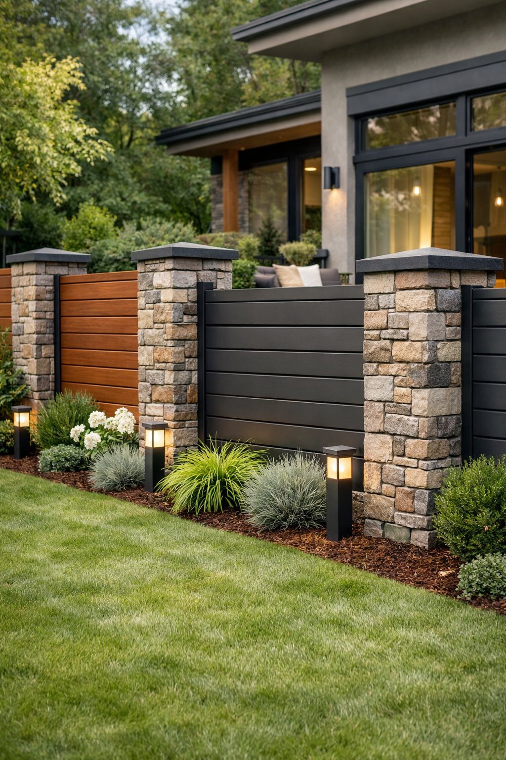 Backyard with a fence made of stone pillars and horizontal panels, surrounded by green grass and plants.