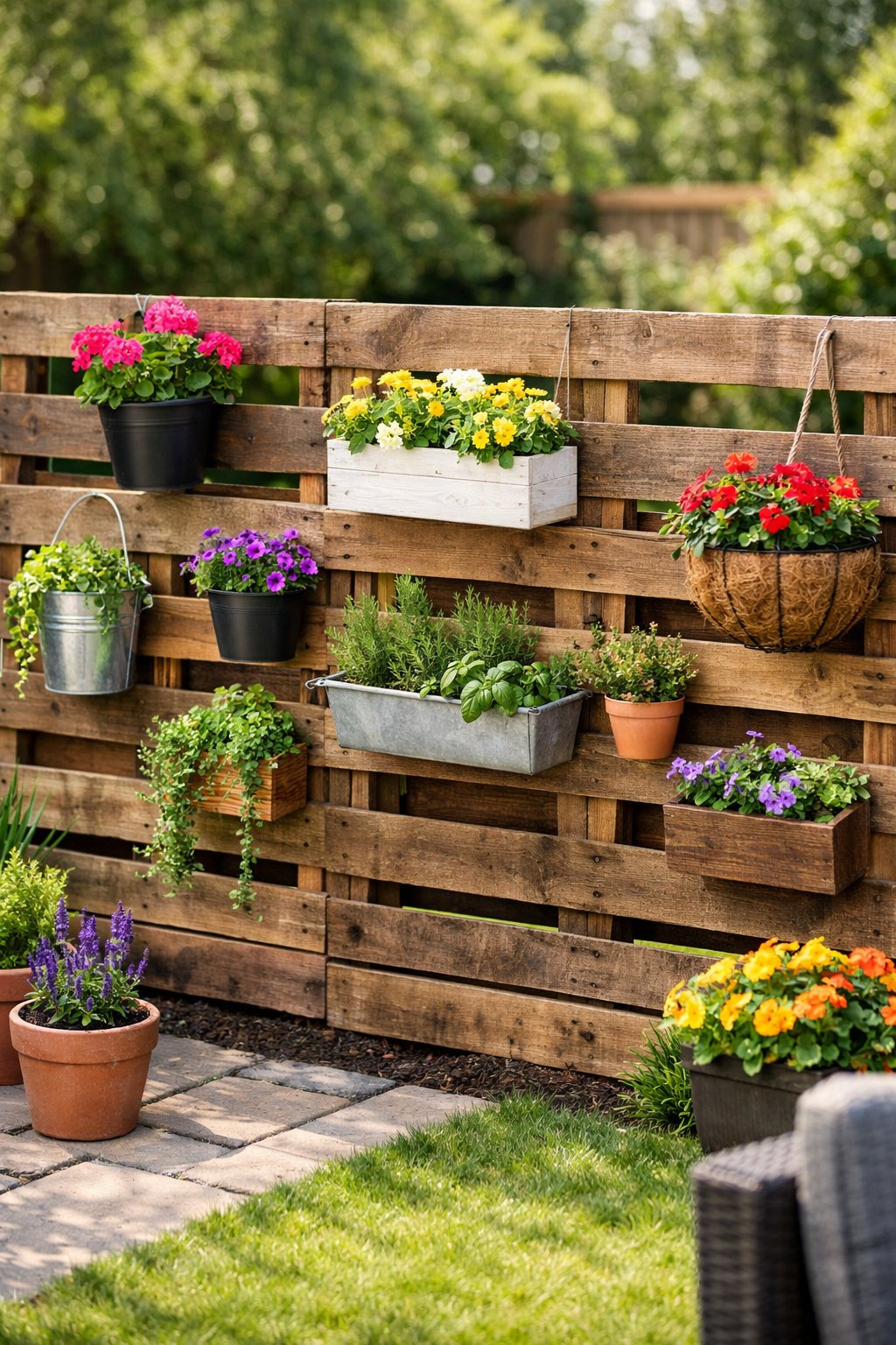Backyard with a vertical wooden pallet fence decorated with hanging planters filled with green plants and flowers.