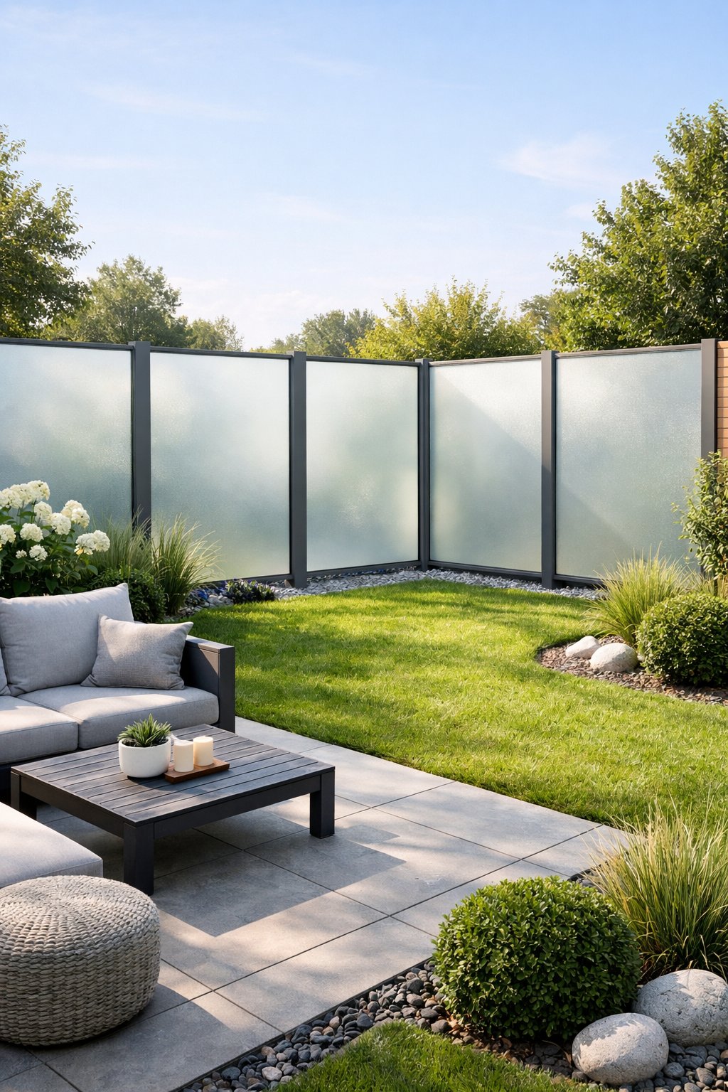 Backyard with modern frosted glass panel fences surrounded by green grass and outdoor furniture.