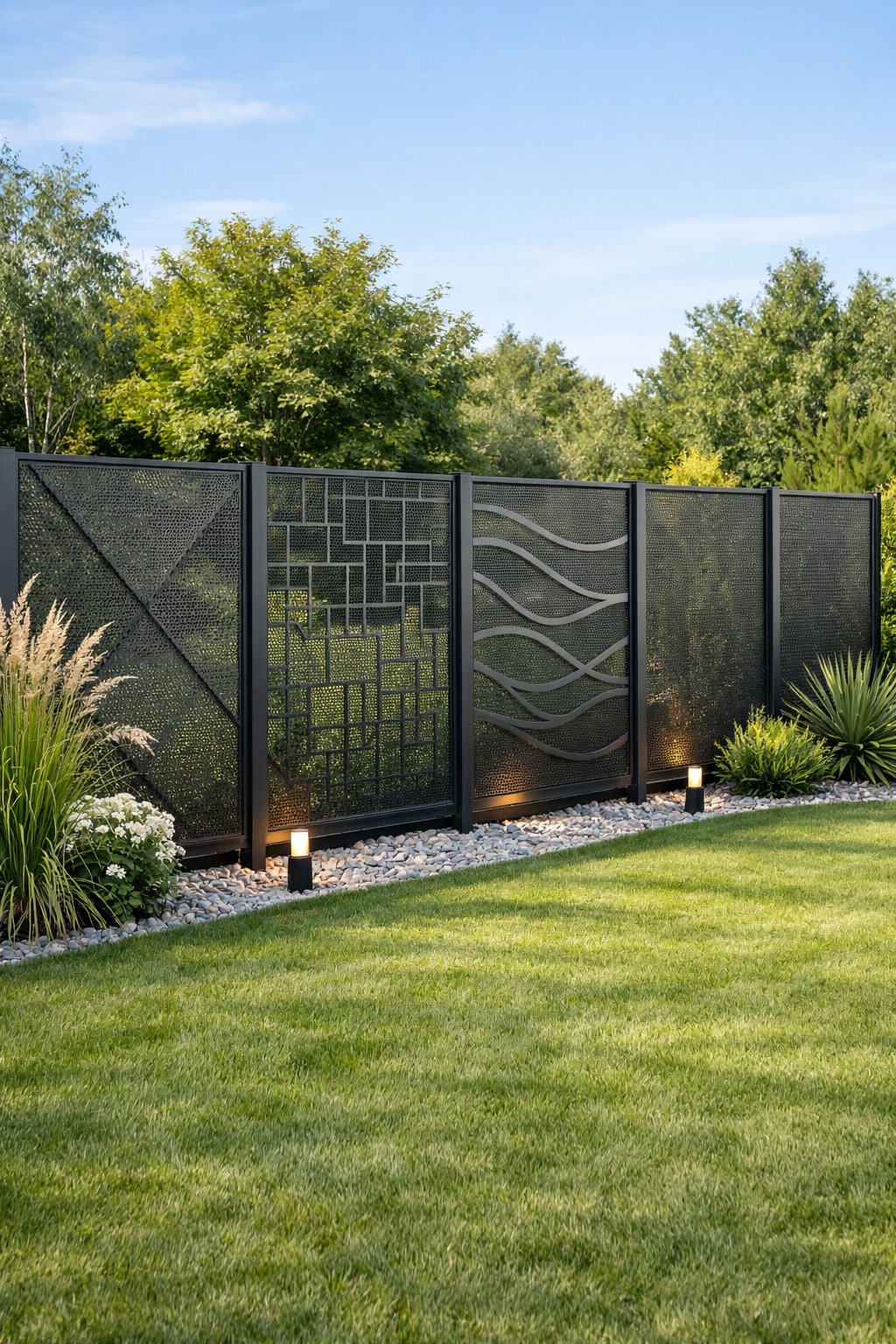 A backyard with a modern metal mesh fence surrounded by green plants and grass.