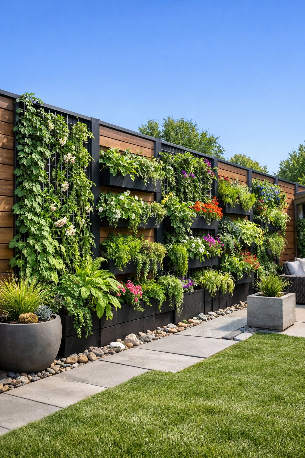 Backyard with a vertical garden fence covered in green plants and flowers, surrounded by a lawn and stone pathway.