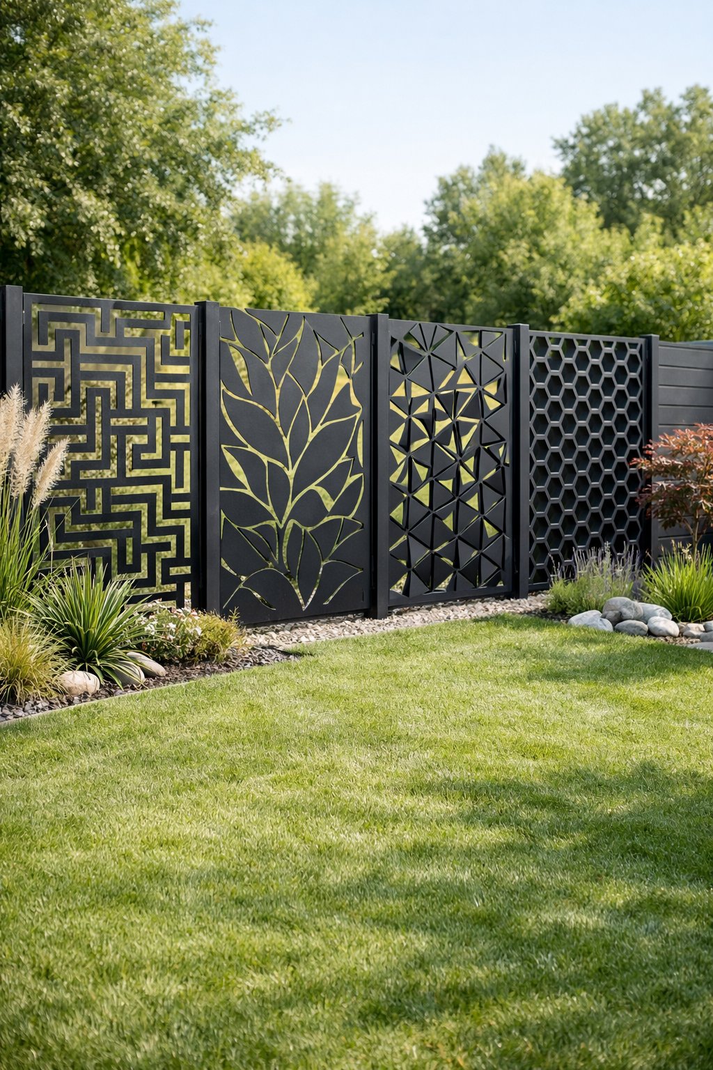 Backyard with a modern steel fence featuring geometric cutout patterns surrounded by green grass and plants.