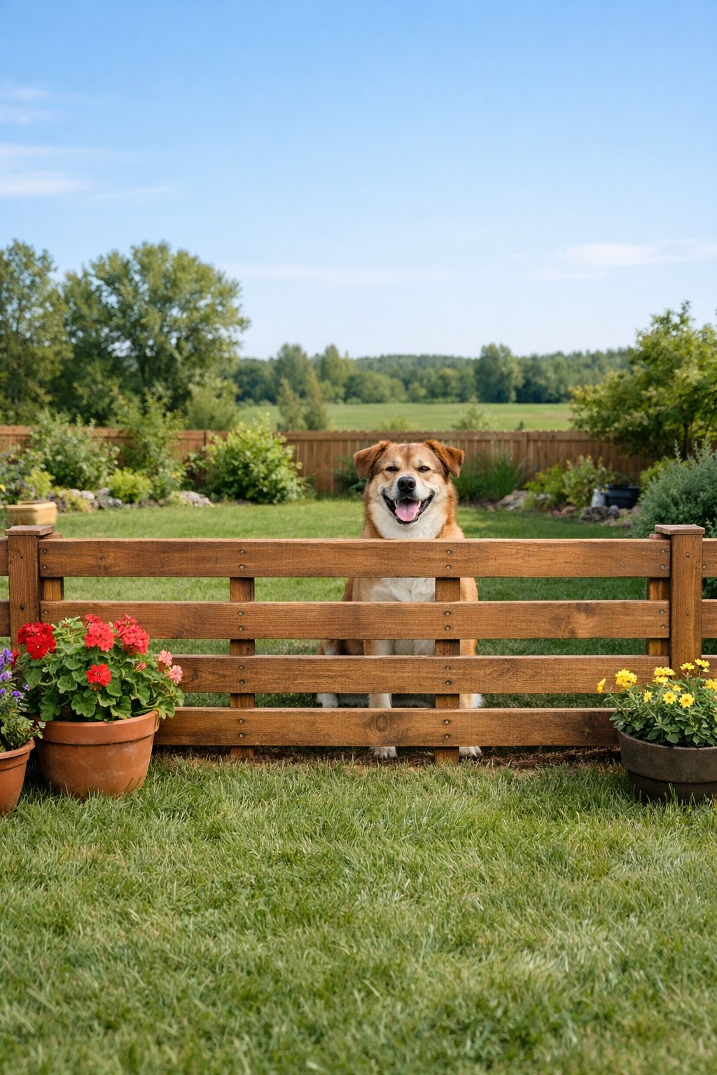 A backyard with a half-height wooden pallet fence containing a dog, with green grass, plants, and trees visible beyond the fence.