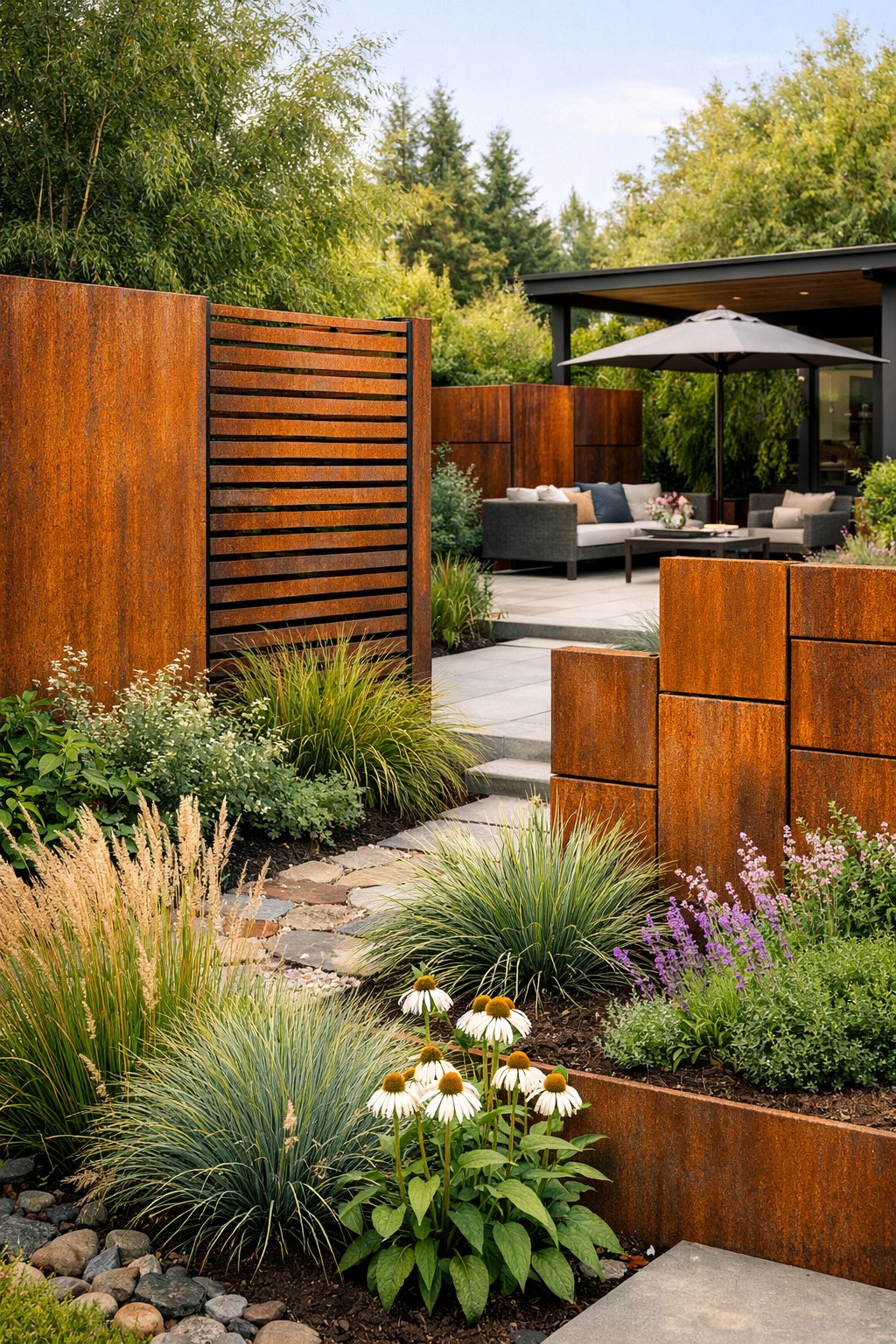 A backyard with corten steel fences surrounded by plants and a patio area.