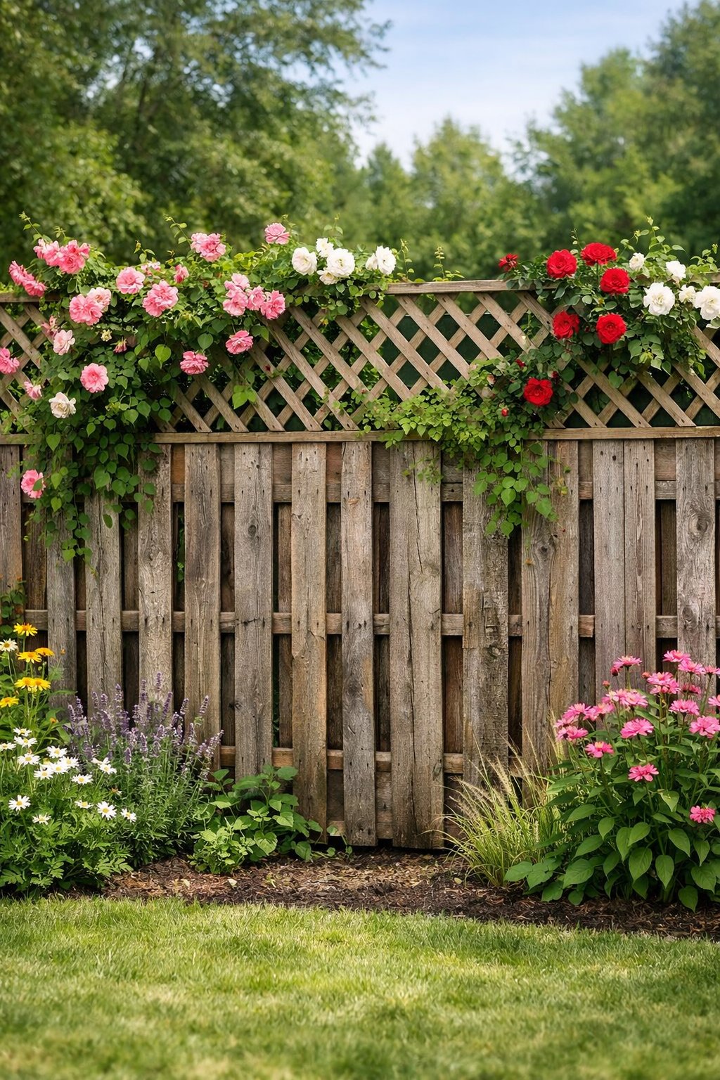 Backyard with a wooden pallet fence topped by a trellis supporting blooming climbing roses and green vines.