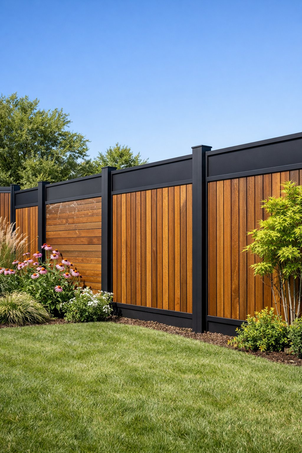 Backyard with a modern fence made of wood and metal, surrounded by grass and plants under a clear sky.