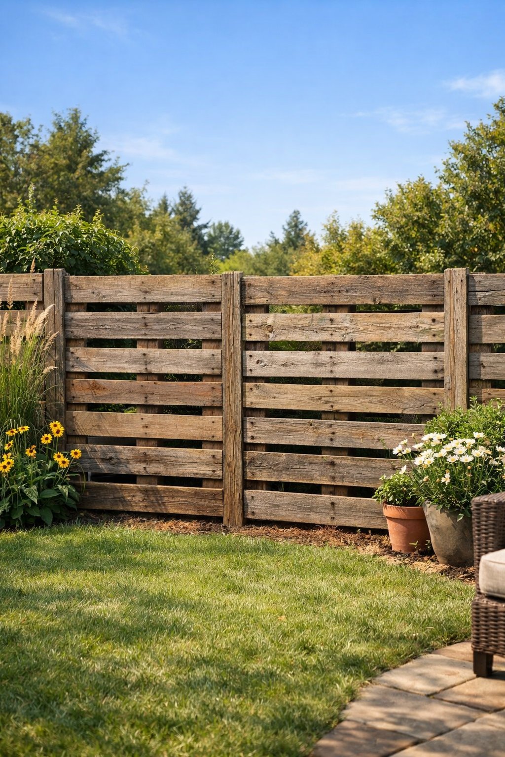 A backyard with a wooden pallet fence showing natural weathering, surrounded by green plants and grass under a clear sky.