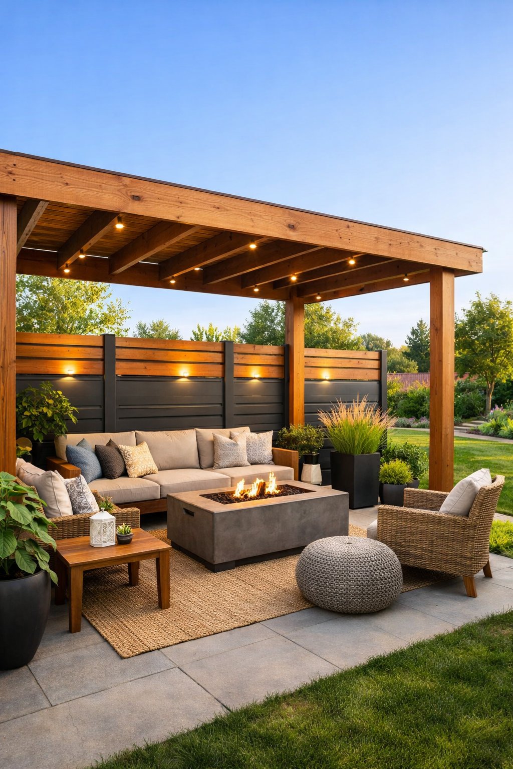 Backyard with a pergola connected to a wooden fence, surrounded by seating and plants.