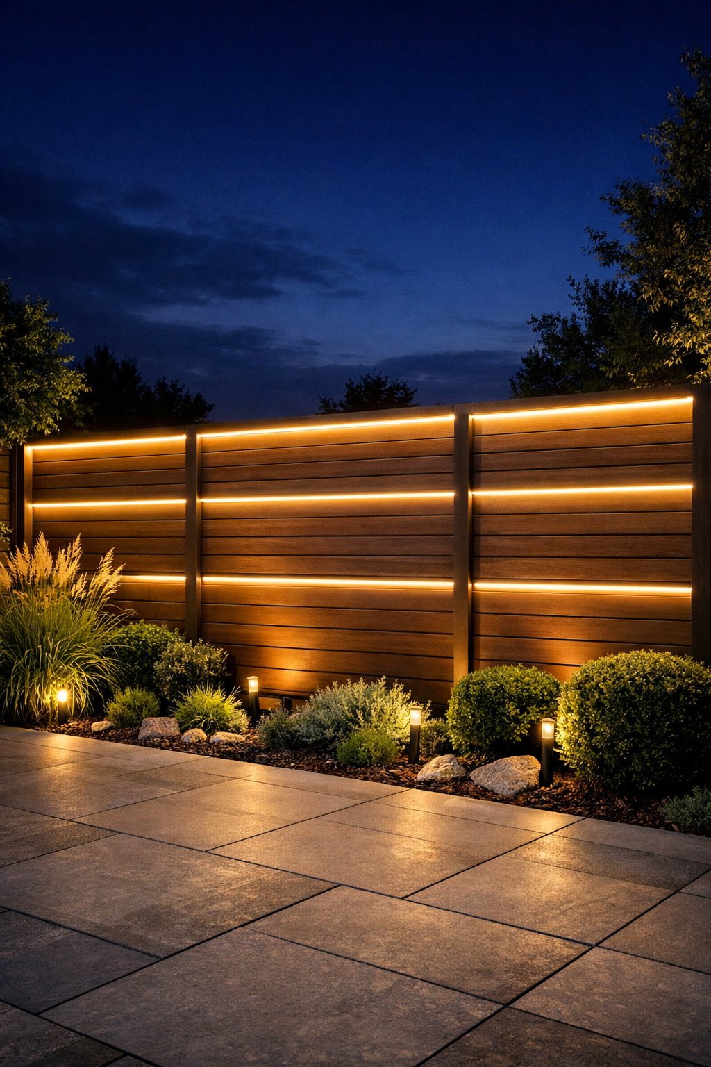A backyard fence with built-in LED lights glowing softly at night, surrounded by plants and a stone patio.