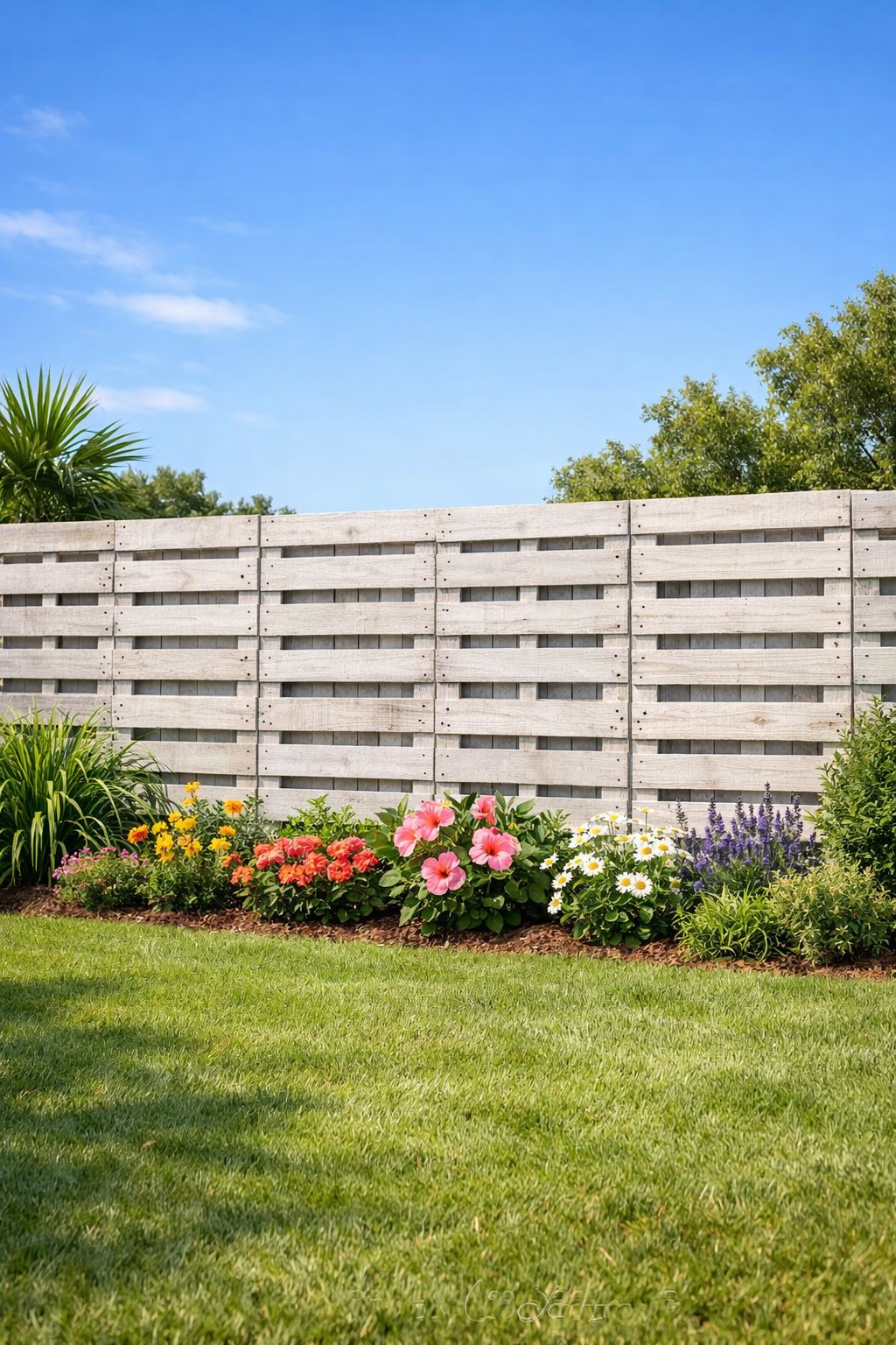 Backyard with a whitewashed wooden pallet fence surrounded by green grass and garden plants under a clear sky.