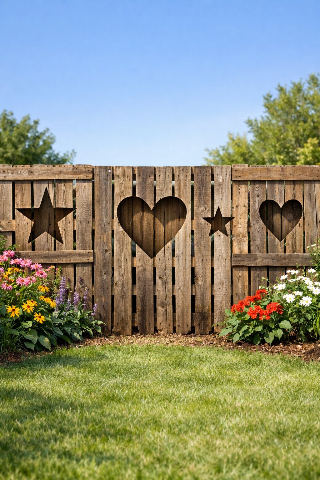 Backyard with a wooden pallet fence featuring star and heart cut-out shapes surrounded by grass and flowering plants.