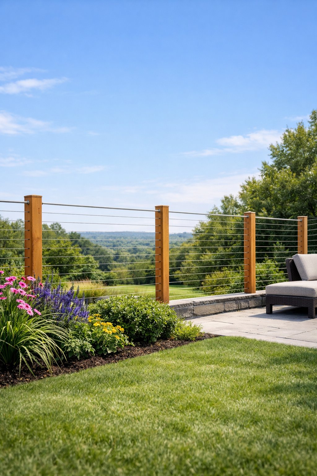 A backyard with a wire cable fence, green grass, flowering plants, and trees visible in the distance under a clear blue sky.