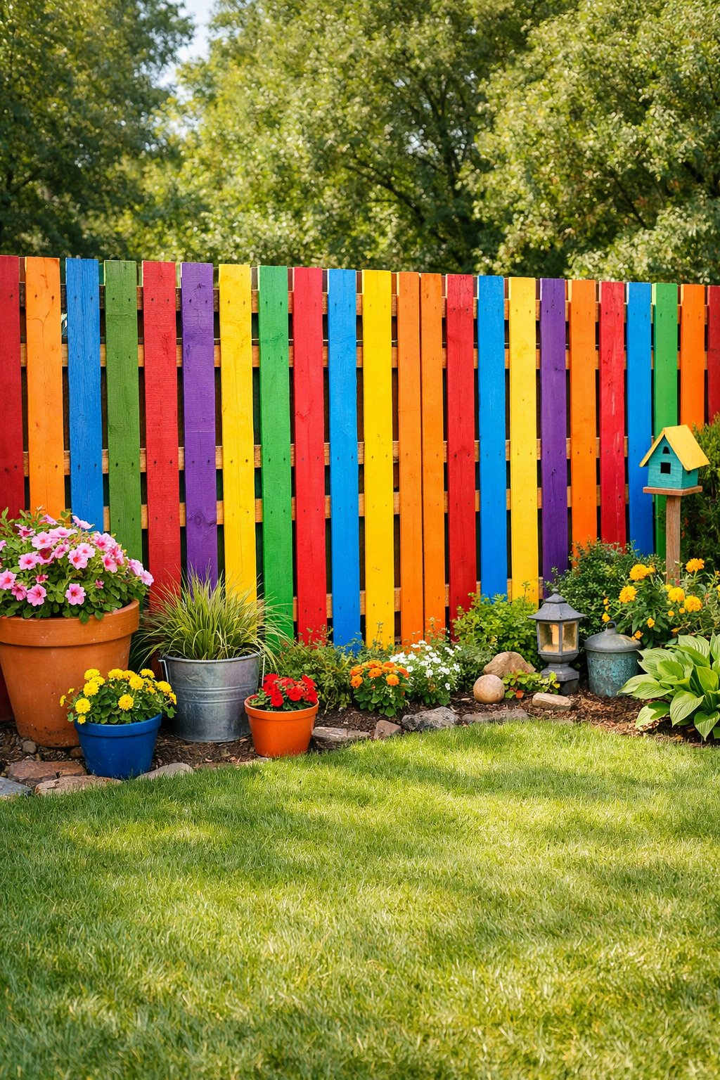 A backyard with a colorful pallet fence painted in bright red, blue, yellow, green, and orange, surrounded by green grass and flowers.