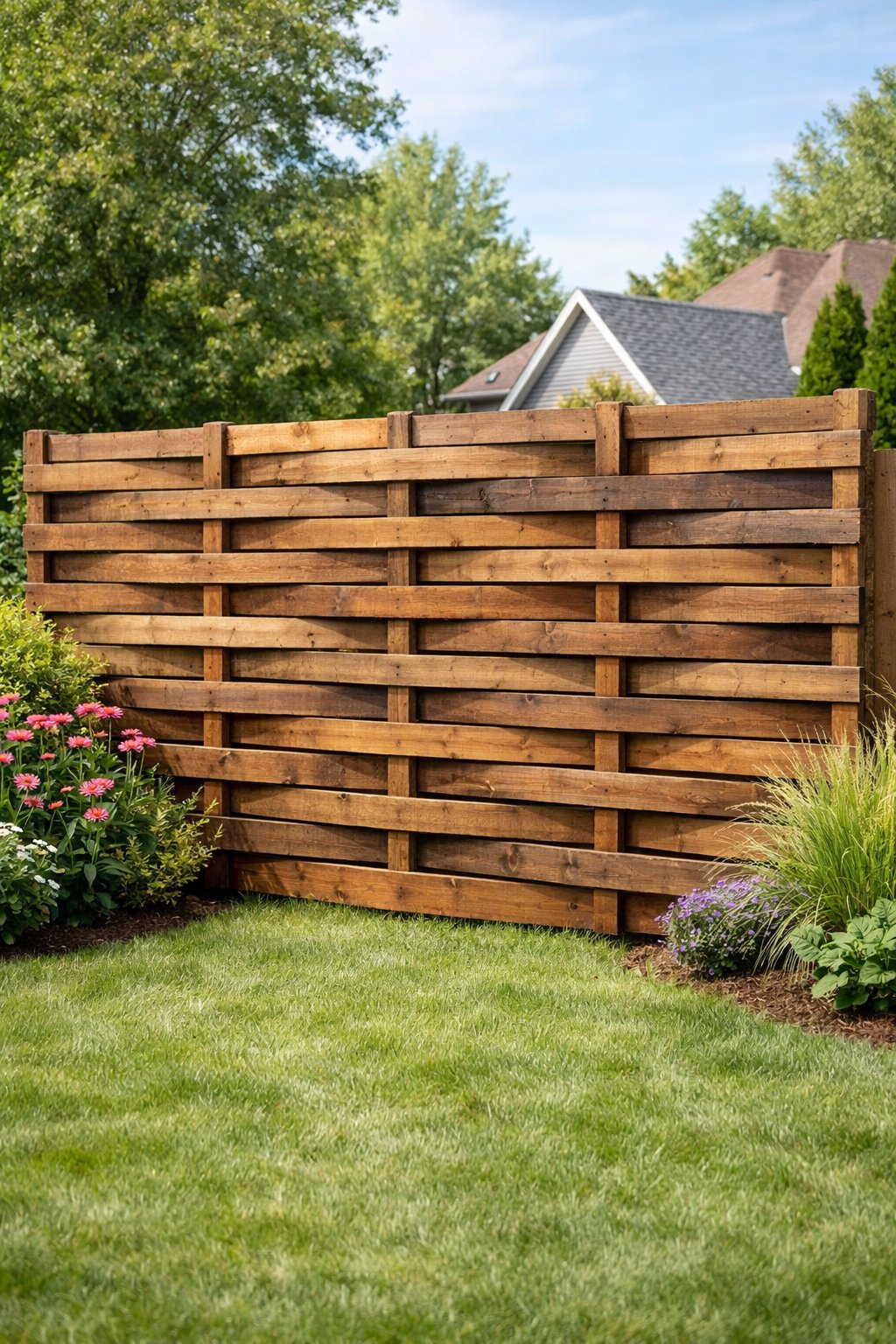A backyard with a wooden pallet privacy fence made of overlapping slats surrounded by green grass and plants, partially blocking the view of neighboring houses.