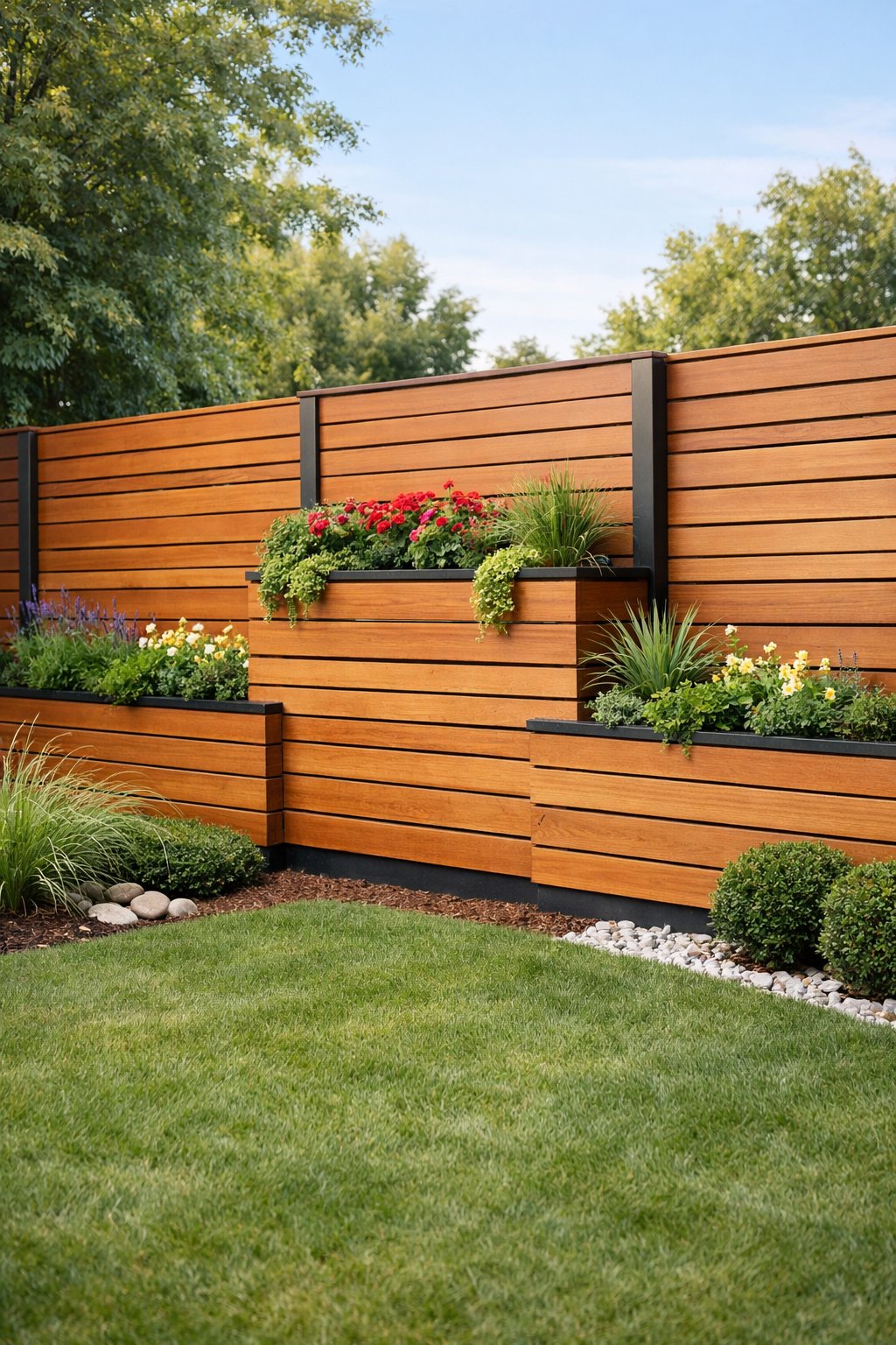 Backyard with modern wooden fence sections featuring built-in planters filled with green plants and flowers.