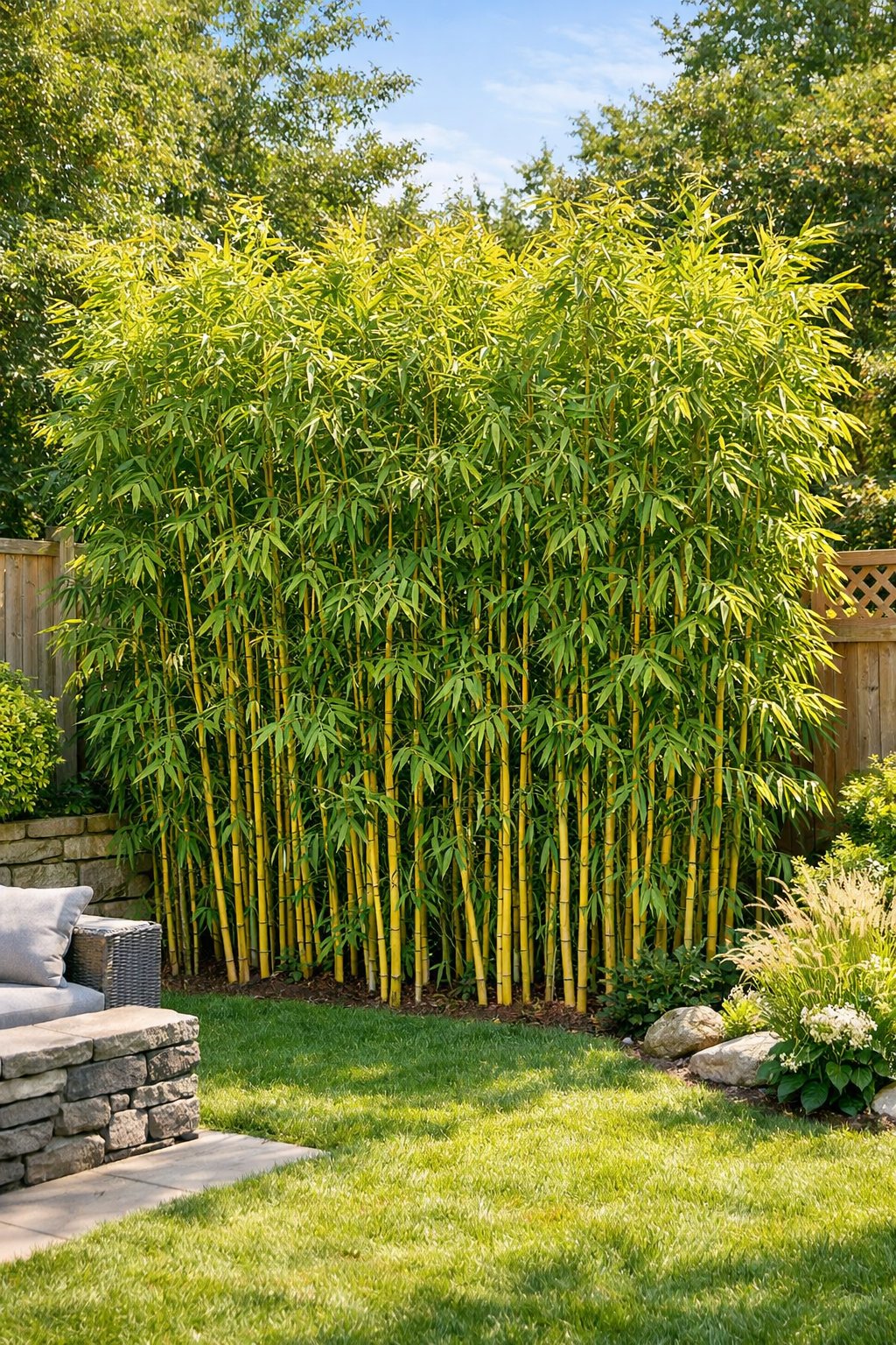 A backyard with a tall, dense bamboo privacy screen surrounded by greenery and natural fencing elements.