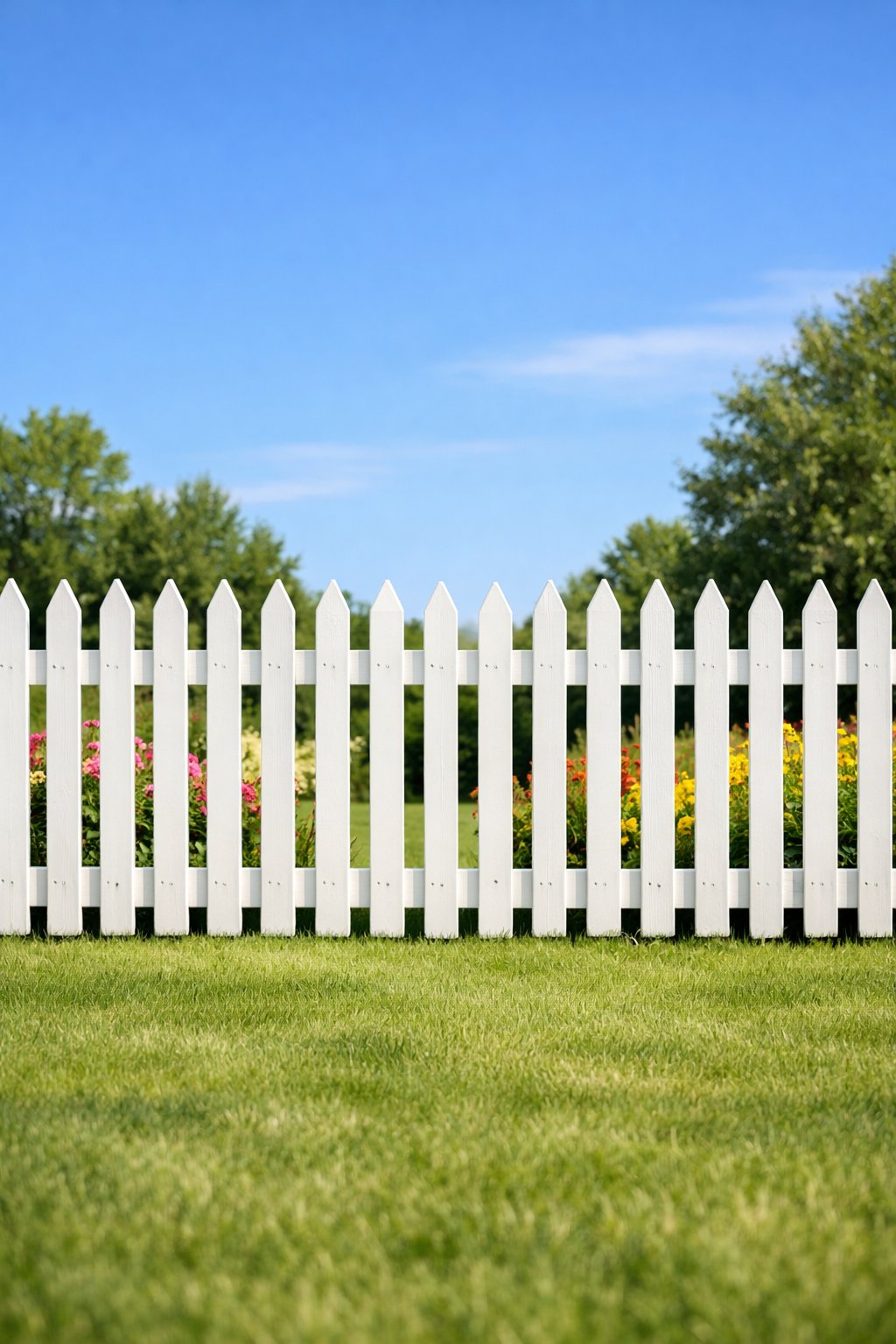 A white wooden picket fence in a sunny backyard with green grass and flowering plants behind it.