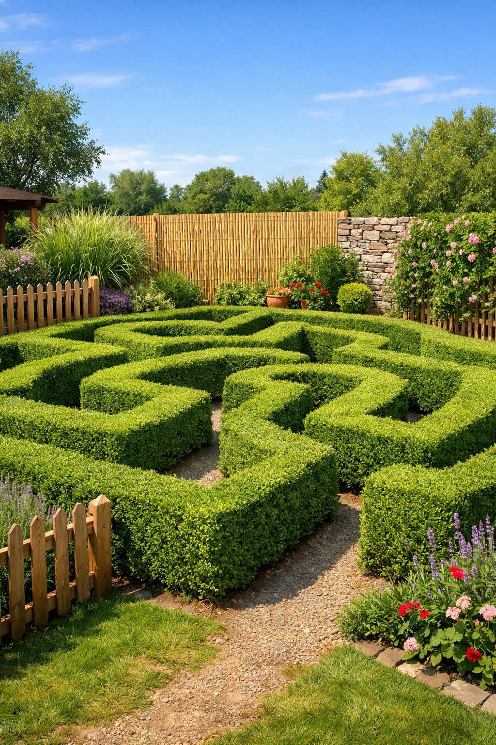 A backyard with a green hedge maze surrounded by different natural fences including wooden picket fences, bamboo panels, stone walls, and plant hedges under a clear blue sky.