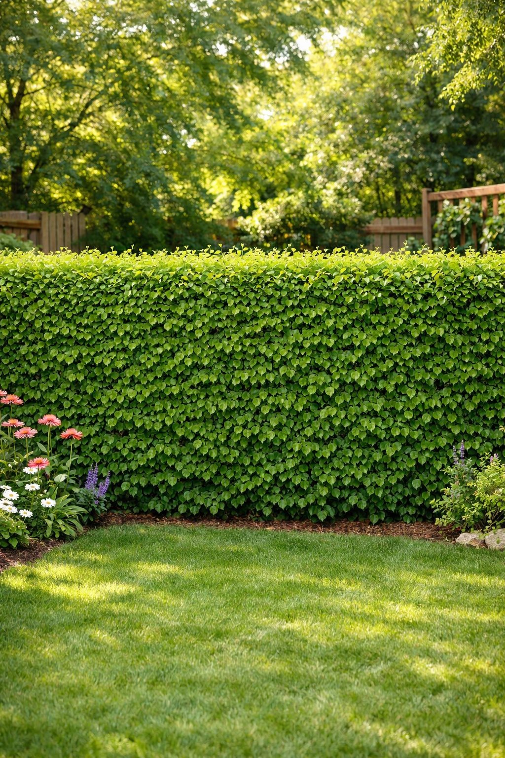 A dense green hornbeam hedge forming a natural fence in a backyard with a lawn and garden plants.