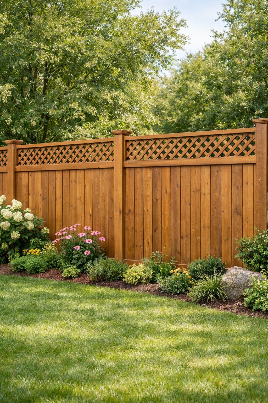 A wooden fence with a lattice top in a backyard surrounded by green grass and plants.