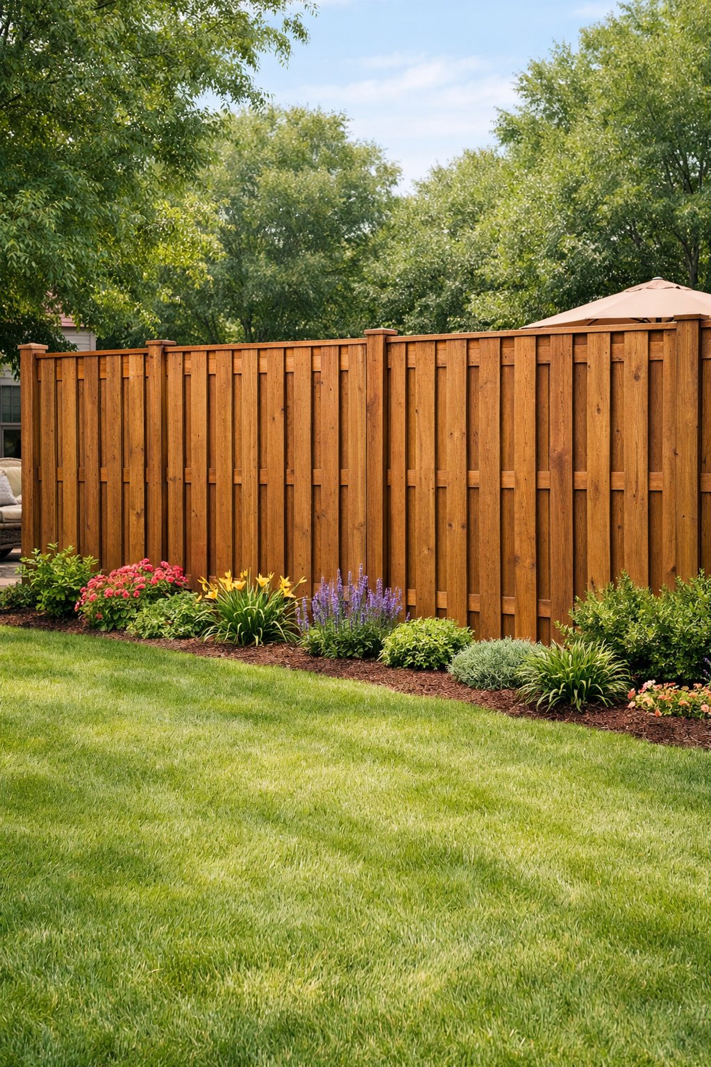 A backyard with a tall wooden board-on-board fence surrounded by green grass and colorful garden plants.