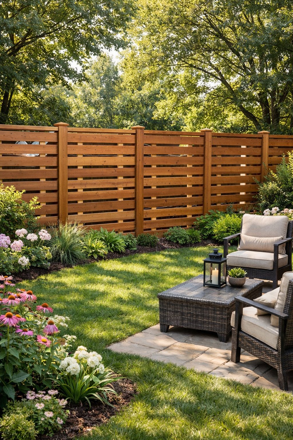 Backyard with a wooden shadow box fence, green grass, plants, and a seating area under soft daylight.