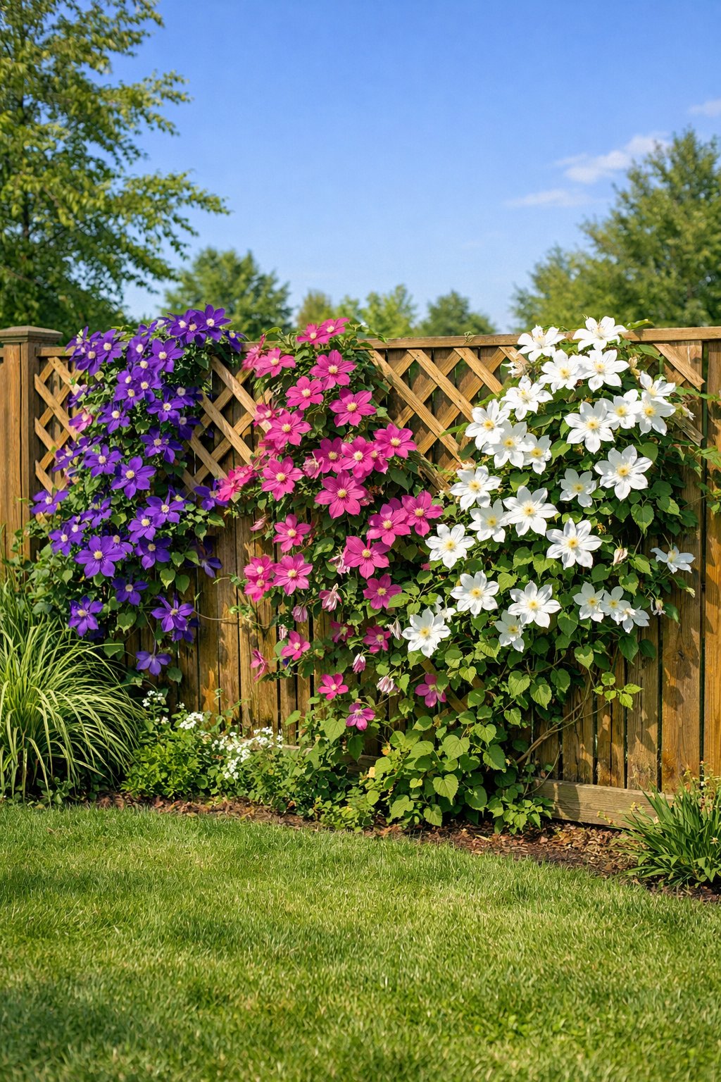 A backyard fence with clematis flowers climbing on a wooden trellis surrounded by green grass and plants under a clear sky.